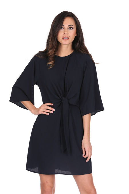Navy Tie Waist Flared Mini Dress