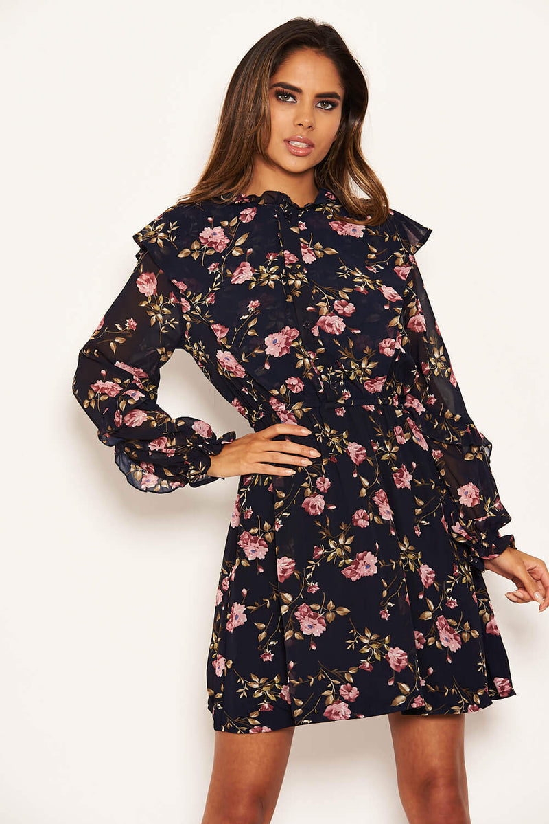Navy Floral Button Up Frill Swing Dress