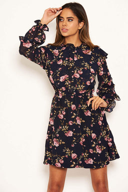 Navy Floral Button Up Frill Swing Dress