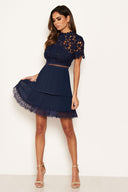 Navy Crochet Pleated Tiered Dress