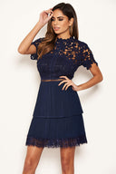 Navy Crochet Pleated Tiered Dress