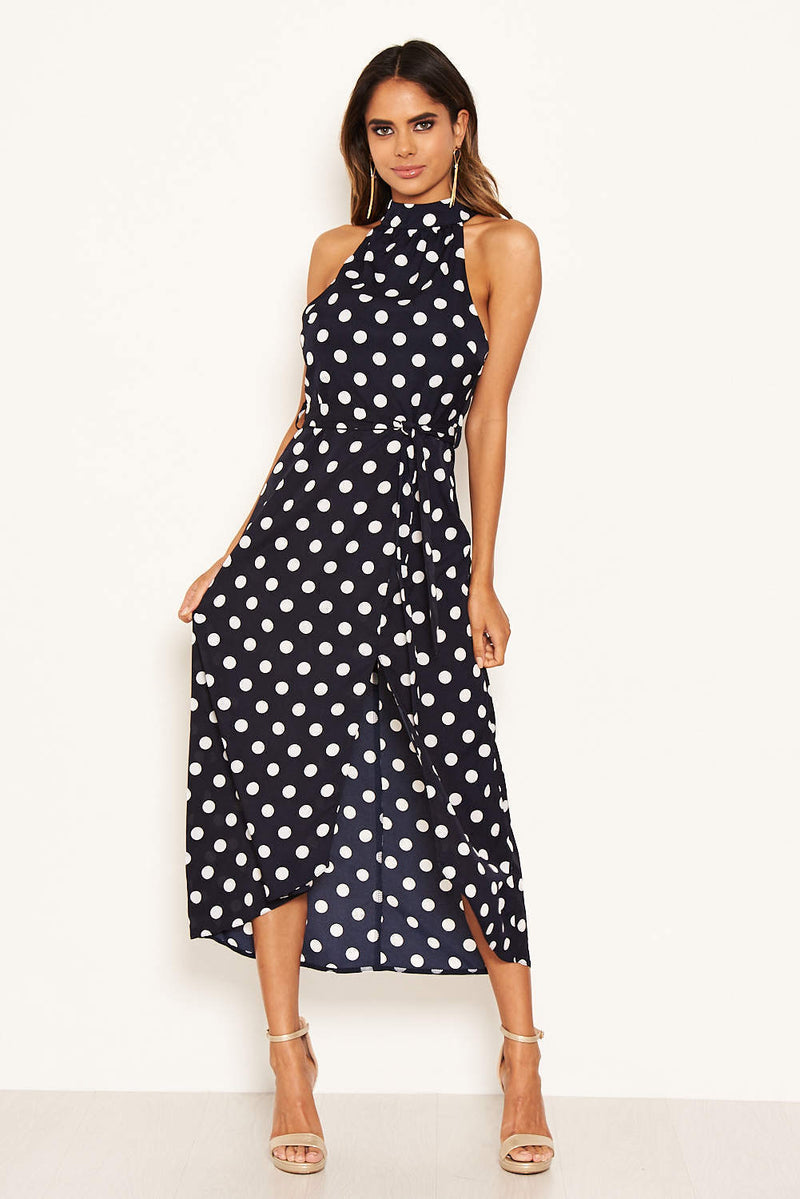 Navy Polka Dot High Neck Slit Front Dress