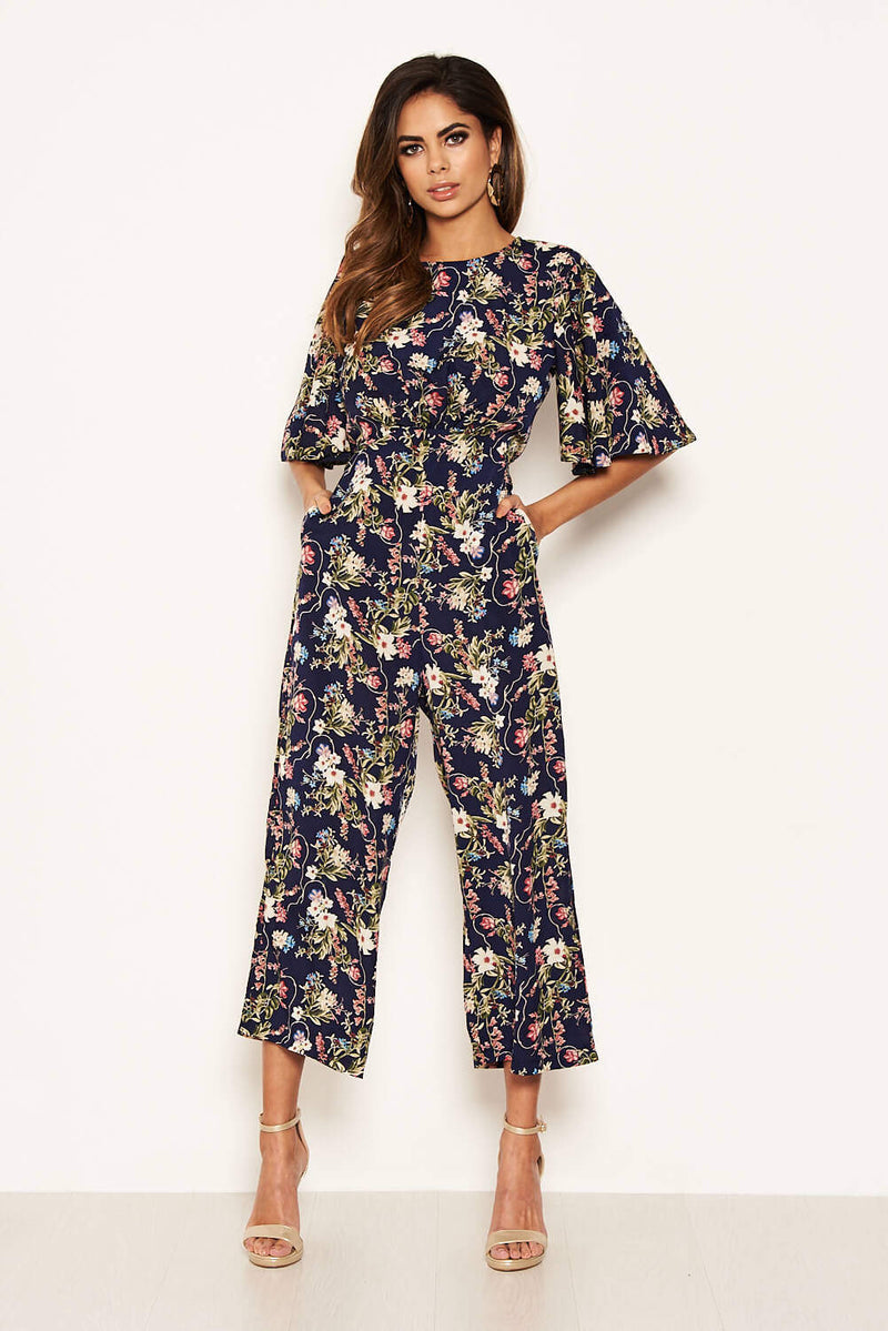 Navy Flared Leg Floral Jumpsuit