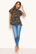 Navy Mixed Floral High Neck Top