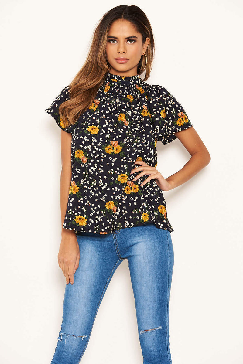 Navy Mixed Floral High Neck Top