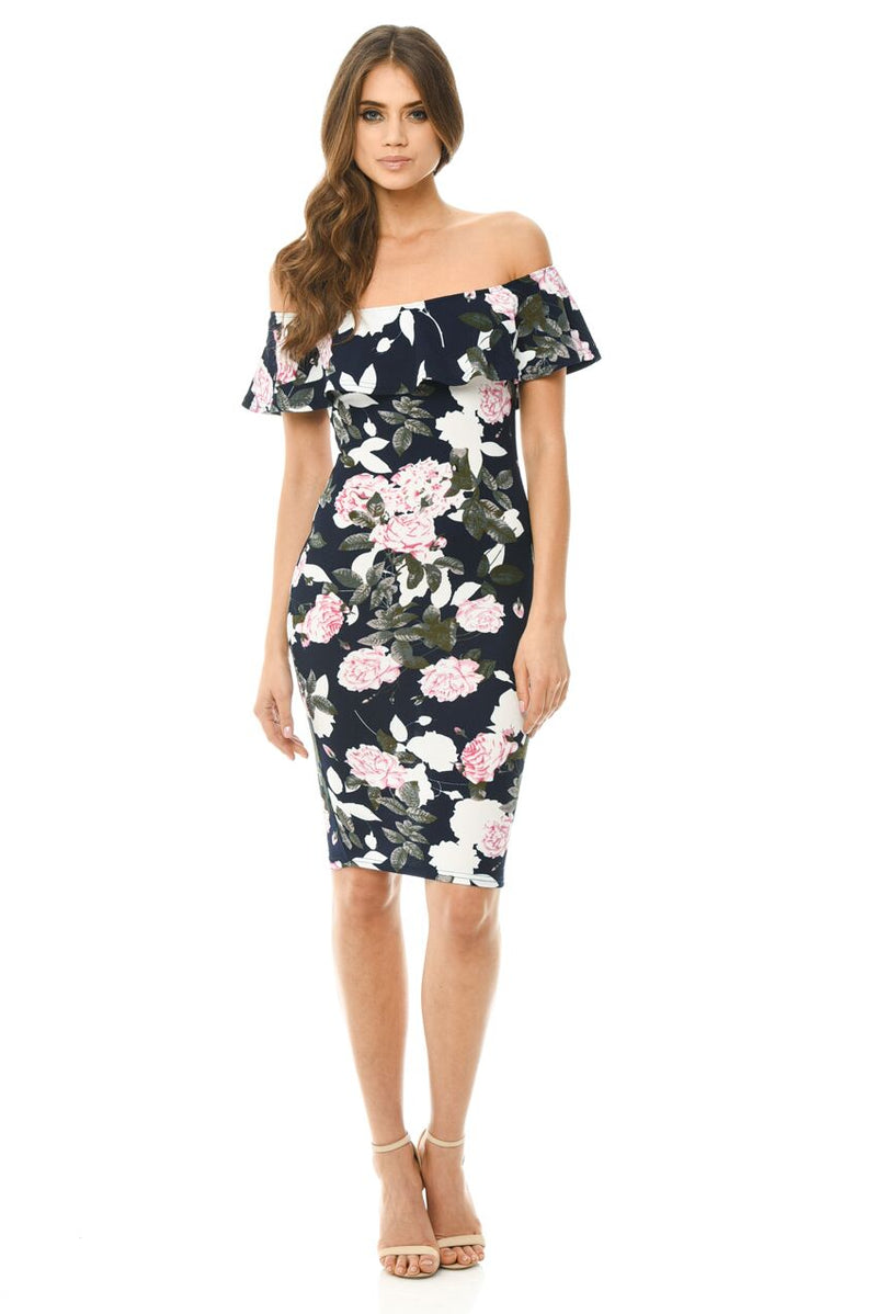 Navy Printed Floral Bardot Midi Dress