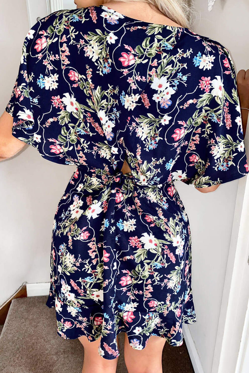 Navy Floral Print Cross Back Dress