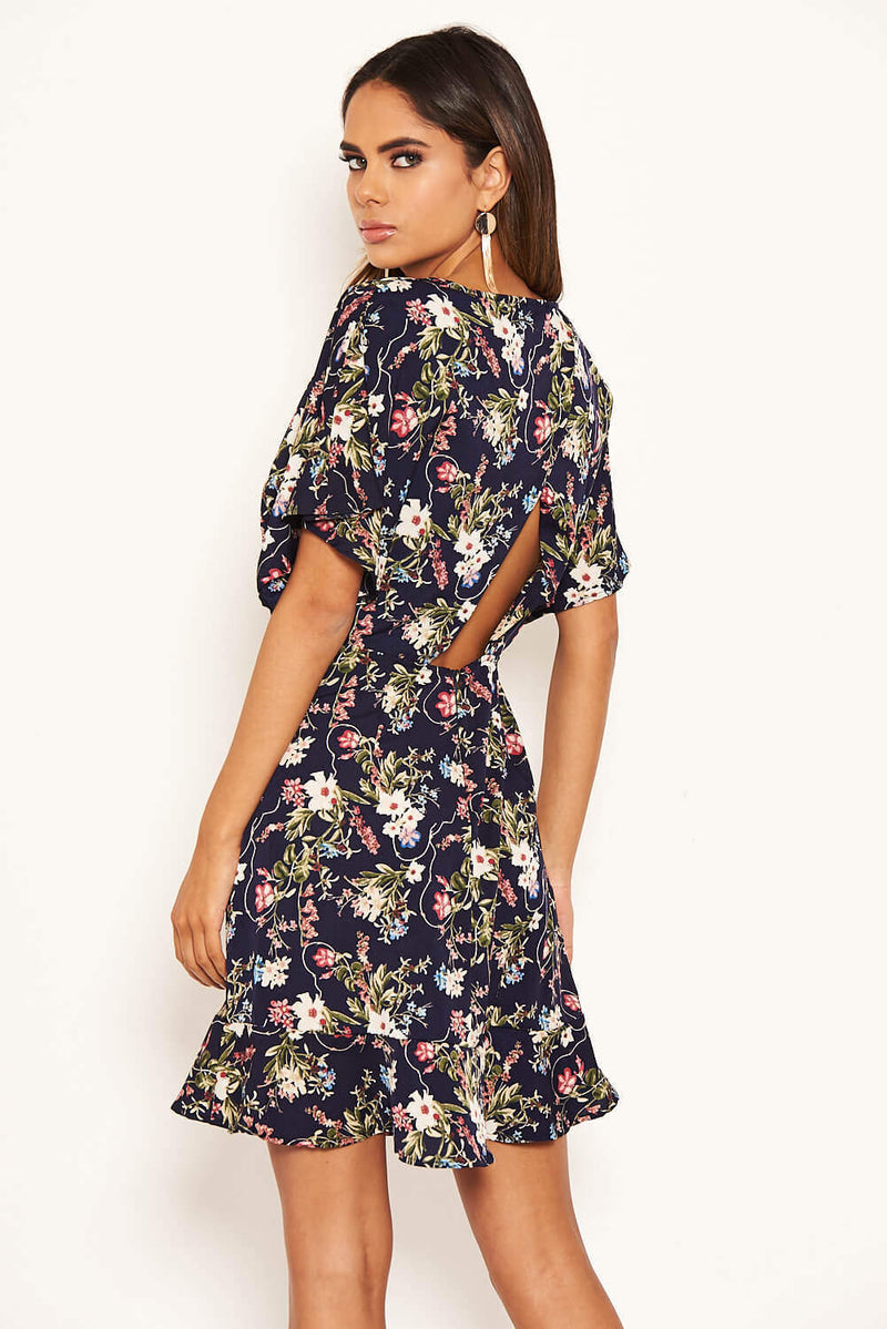 Navy Floral Print Cross Back Dress