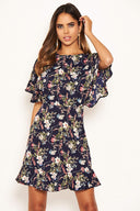 Navy Floral Print Cross Back Dress