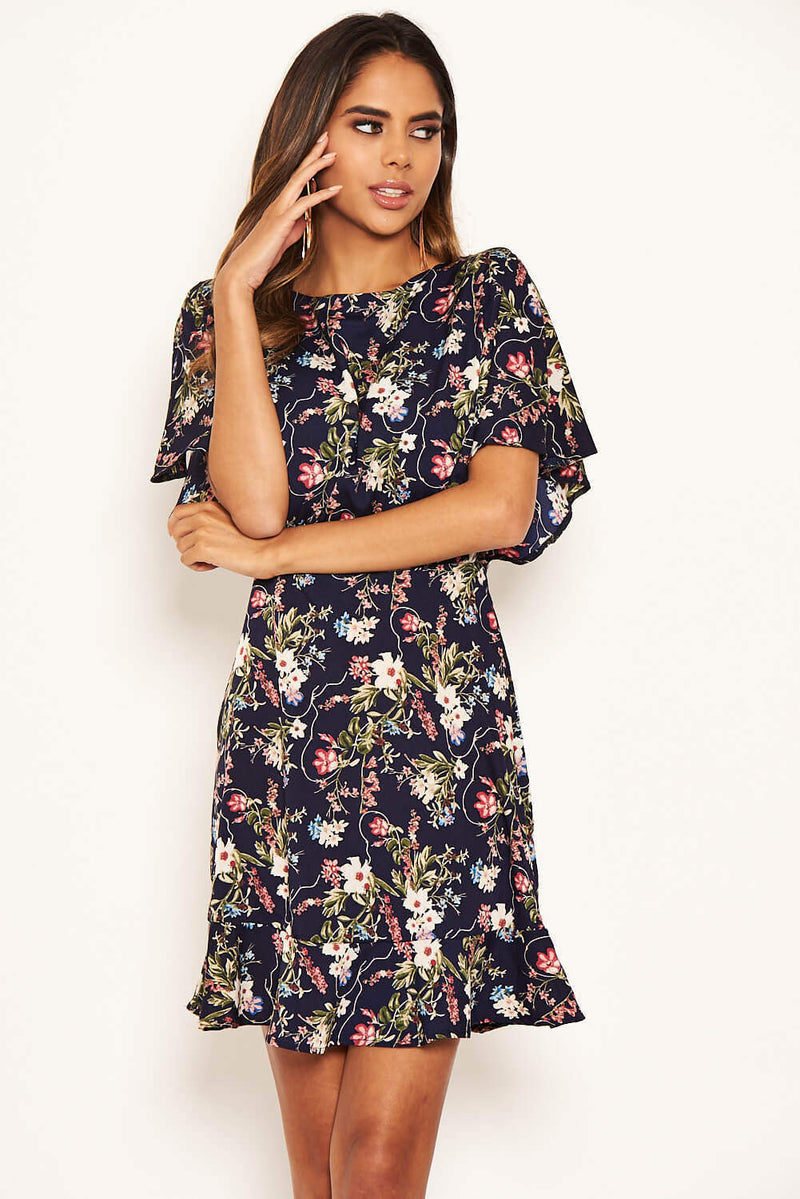 Navy Floral Print Cross Back Dress