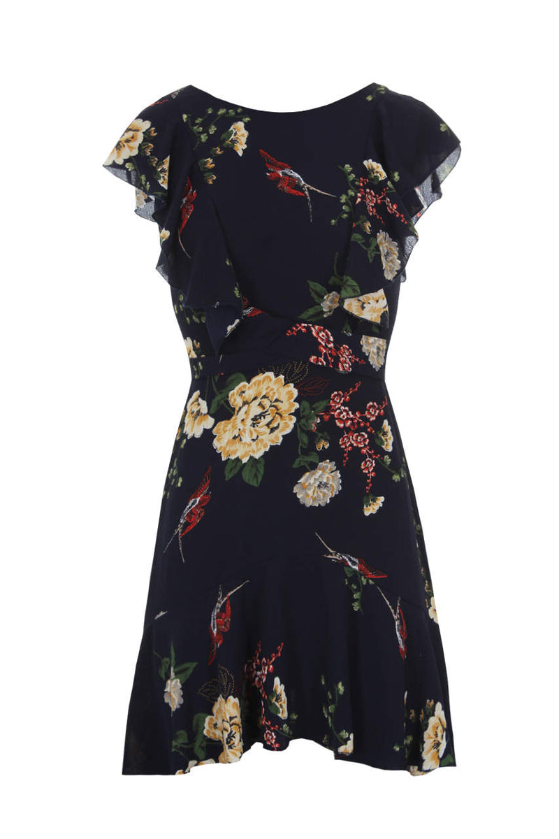 Navy Floral Dress With Frill Detail