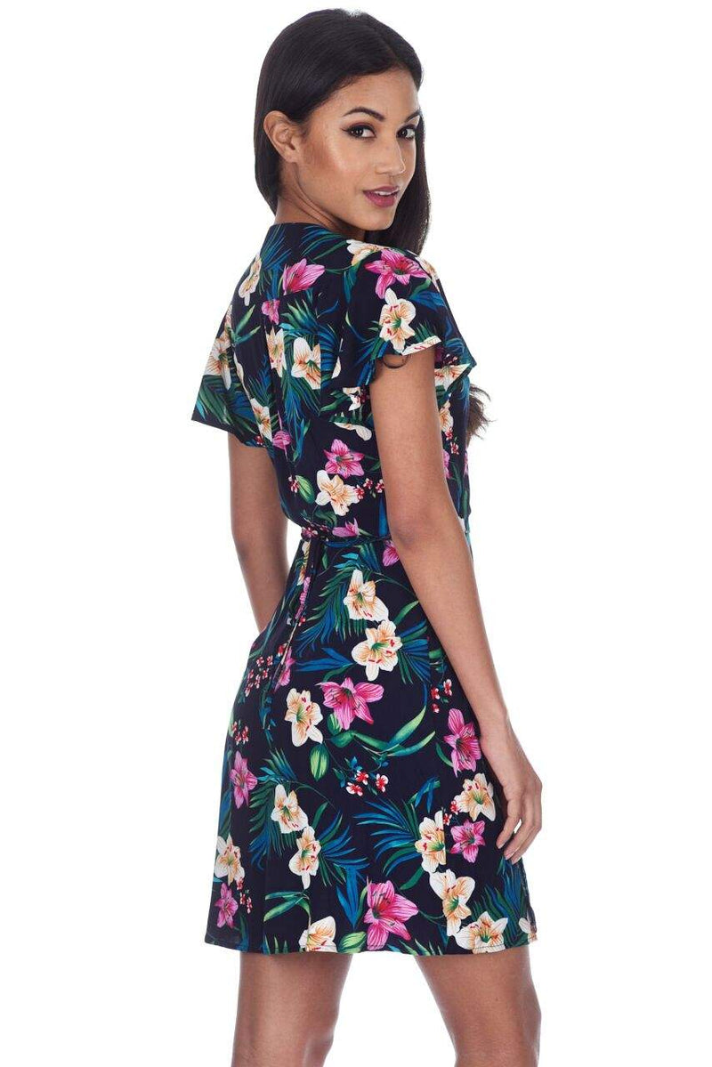 Navy Floral Wrap Dress With Frill Detail