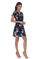 Navy Floral Wrap Dress With Frill Detail