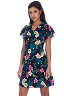 Navy Floral Wrap Dress With Frill Detail