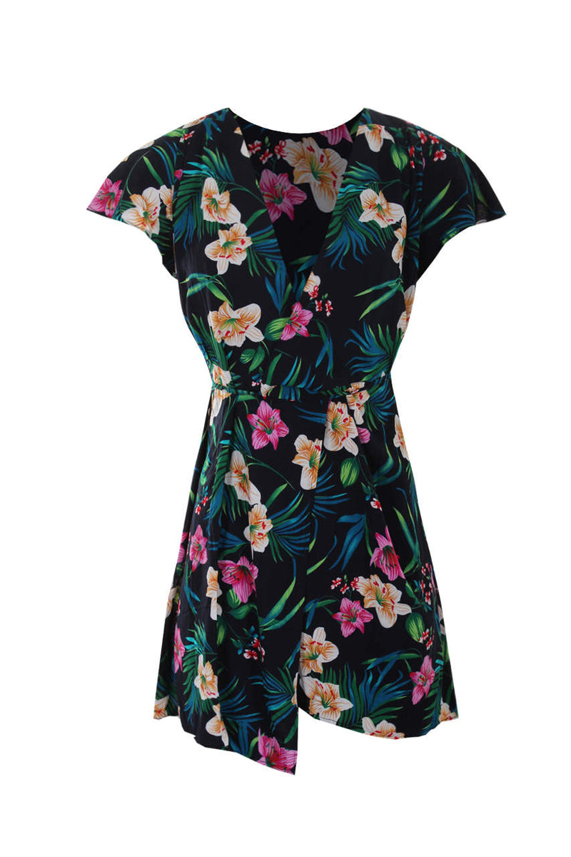 Navy Floral Wrap Dress With Frill Detail