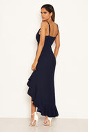 Navy Asymmetric Frill Hem Midi Dress