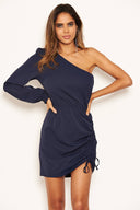 Navy One Shoulder Dress With Side Ruched Tie Detail
