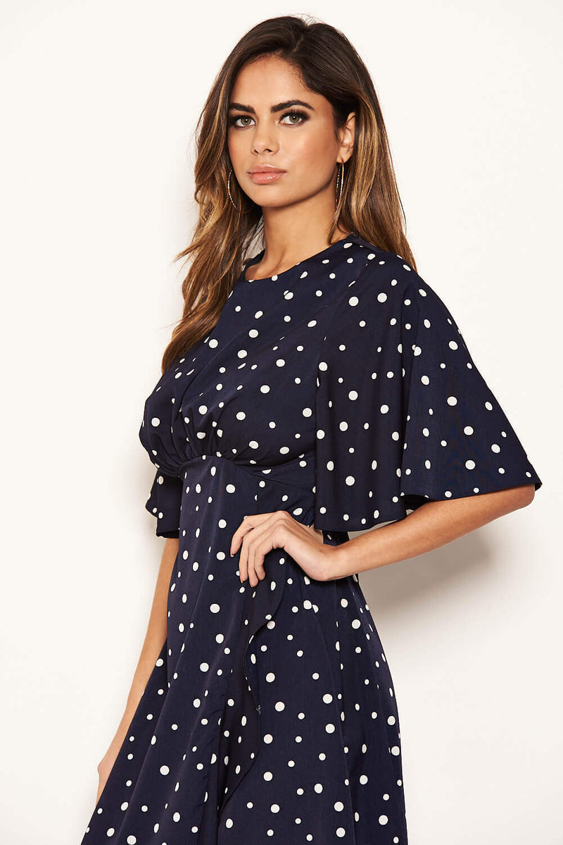 Navy Polka Dot Wrap Frill Midi Dress AX Paris