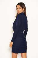 Navy Long Sleeve Back Ruched Bodycon Dress