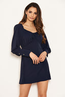 Navy Tie Neckline Long Sleeve Dress