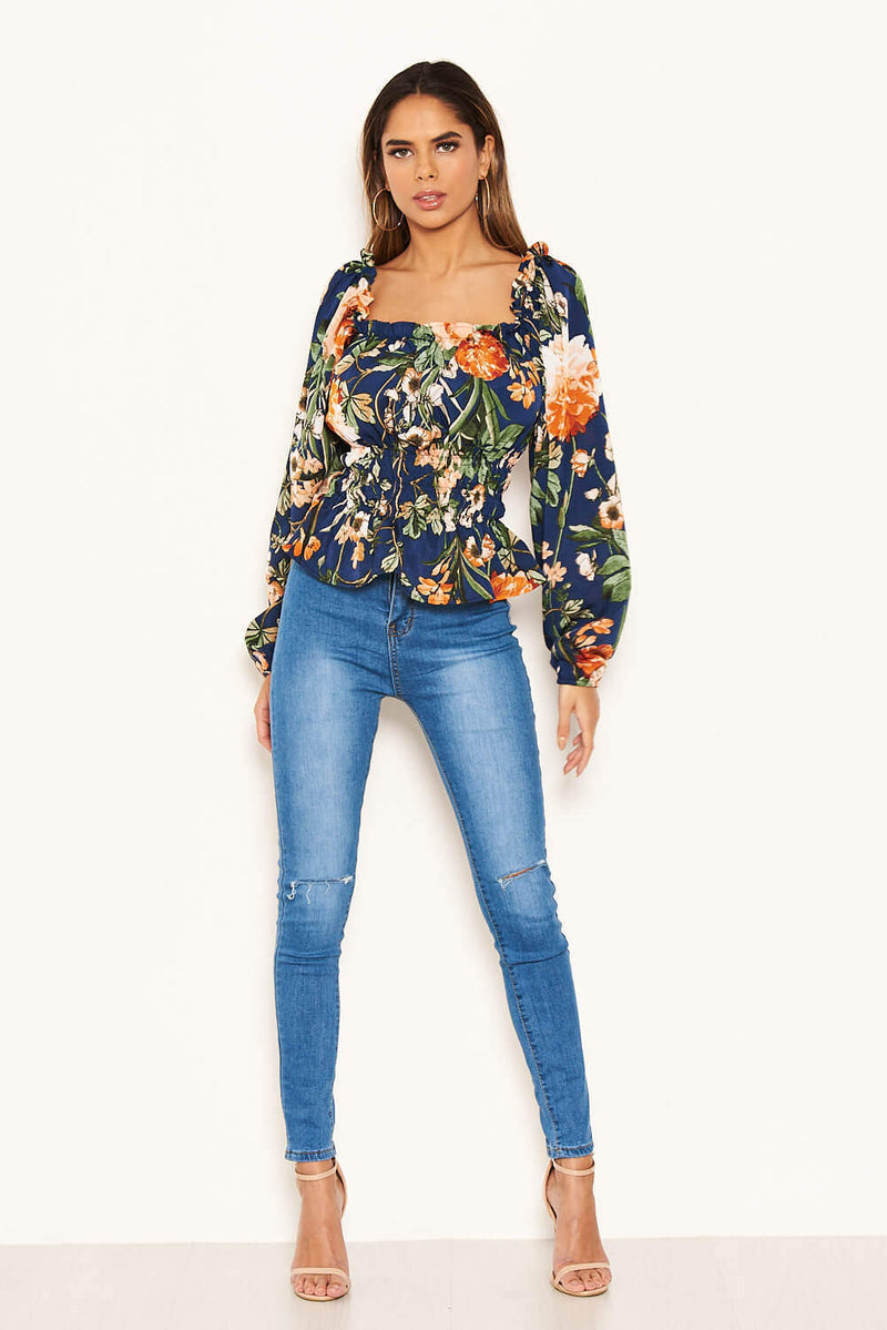 Navy Floral Square Neck Top