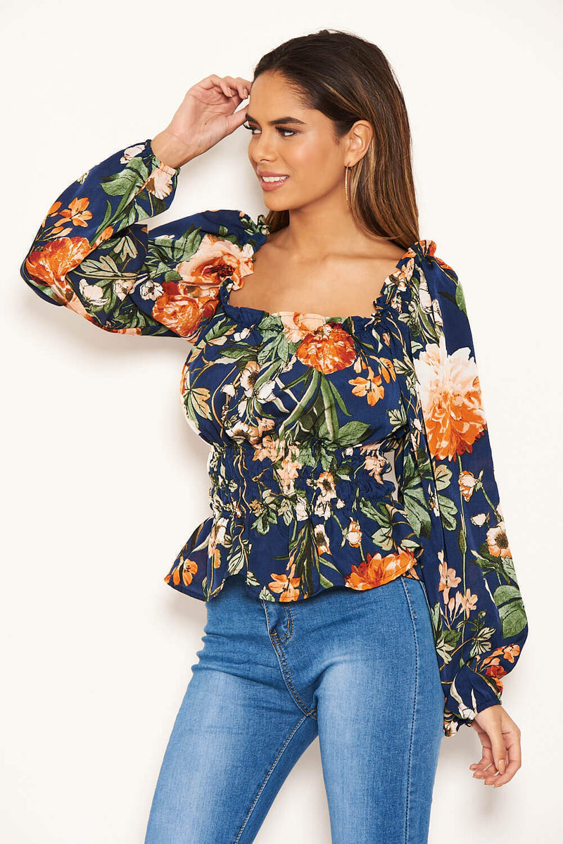 Navy Floral Square Neck Top