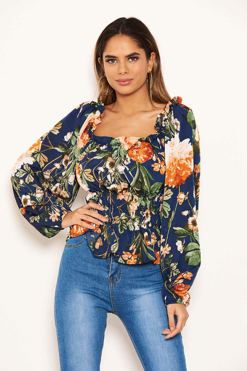 Navy Floral Square Neck Top