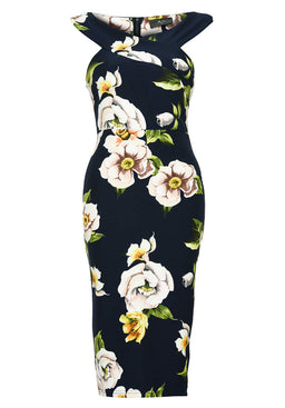 Printed Off Shoulder Cross Midi Dress