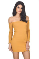 Mustard Bardot Ruffle Detail Knit Dress