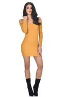 Mustard Bardot Ruffle Detail Knit Dress