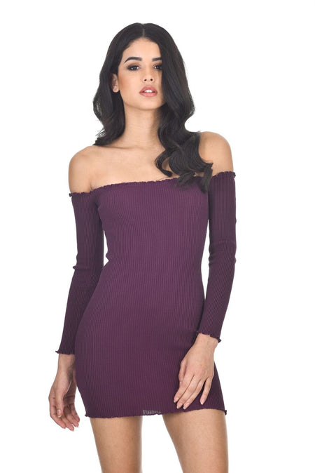 Plum Bardot Ruffle Detail Knit Dress
