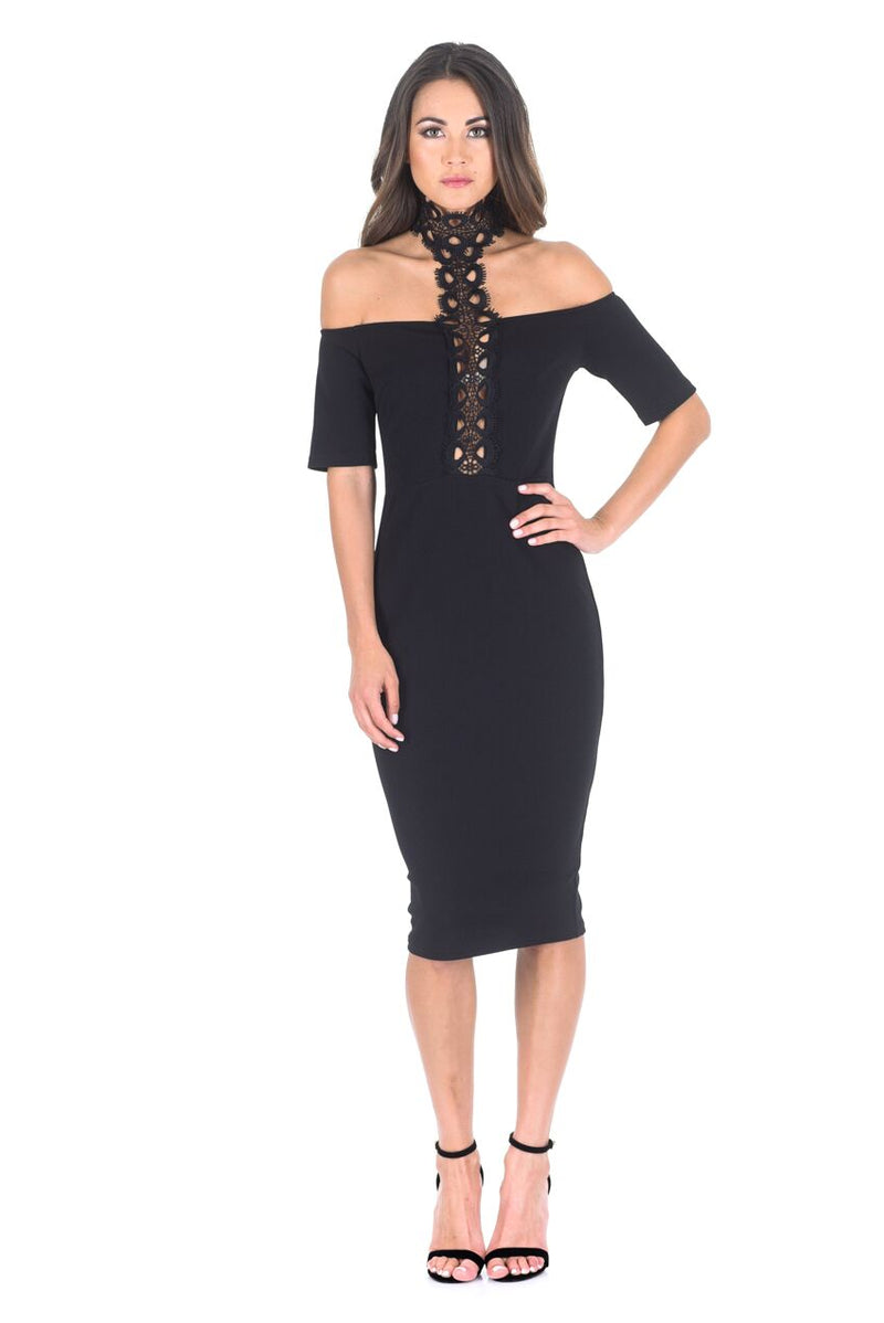 Black T-bar Crochet Midi Bodycon Dress