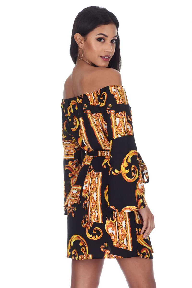 Black And Gold Patterned Off The Shoulder Shift Dress AX Paris Black And Gold Patterned Off The Shoulder Shift Dress AX Paris