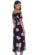 Navy Off the shoulder Elasticated Floral Dress