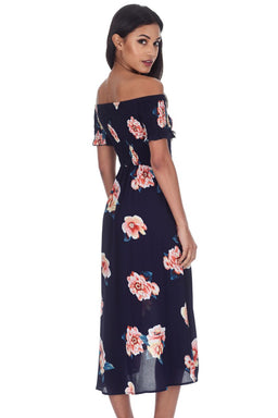 Navy Off the shoulder Elasticated Floral Dress
