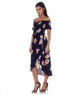 Navy Off the shoulder Elasticated Floral Dress