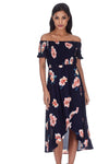 Navy Off the shoulder Elasticated Floral Dress