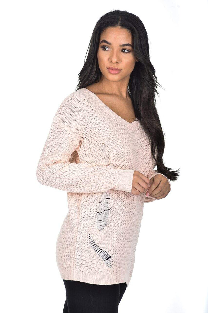 Pink V Neck Cable Knit Laddered Jumper