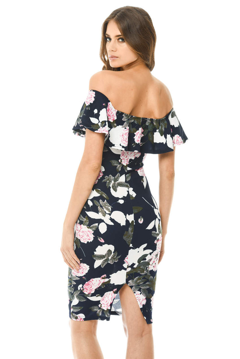 Navy Printed Floral Bardot Midi Dress