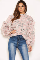 Pink Floral Print Frilled Sleeve High Neck Top
