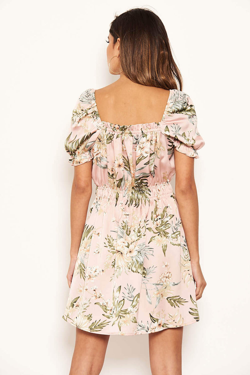 Pink Floral Milkmaid Puff Sleeve Dress