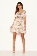 Pink Floral Milkmaid Puff Sleeve Dress