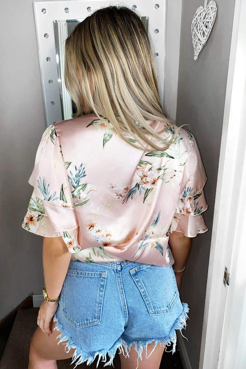 Pink Floral Tiered Frilled Sleeve Top
