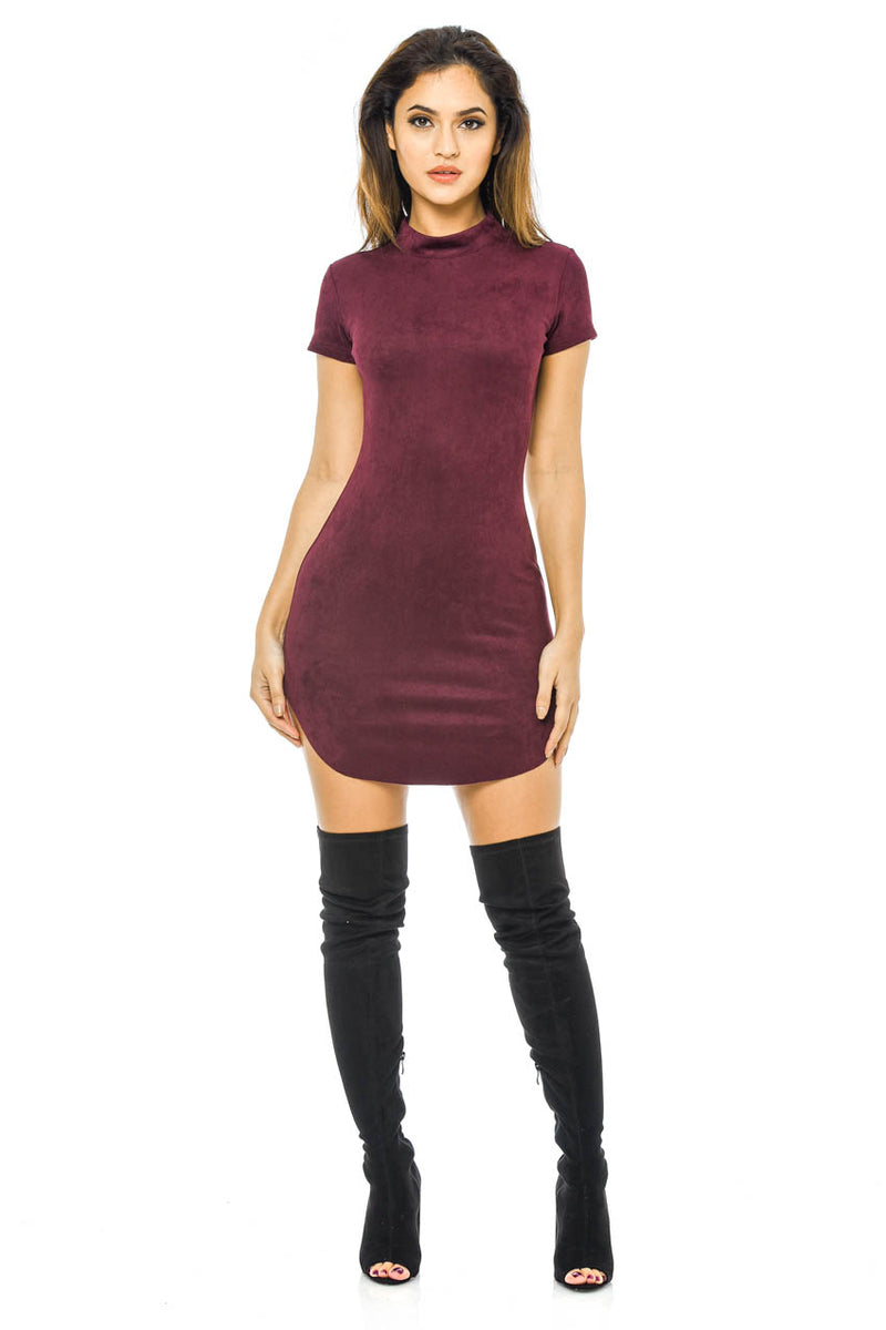 Plum Faux  Suede  Mini Dress with  High Neck