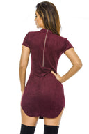 Plum Faux  Suede  Mini Dress with  High Neck