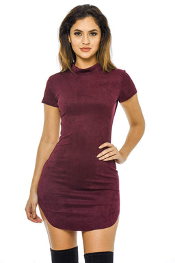 Plum Faux  Suede  Mini Dress with  High Neck