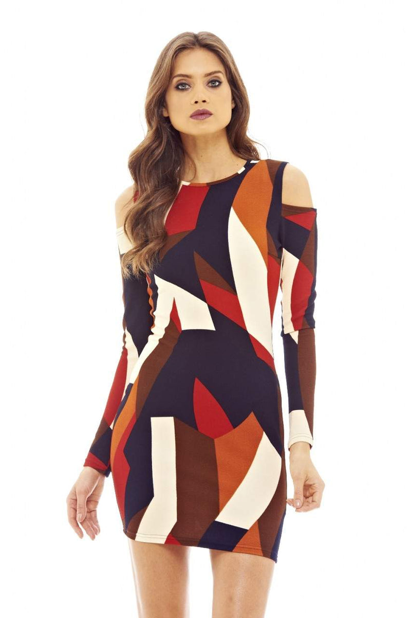 Multi-colour Printed Mini Dress with Cold Shoulder Detail