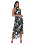 Leaf Print Asymmetric Choker Neck Maxi Dress