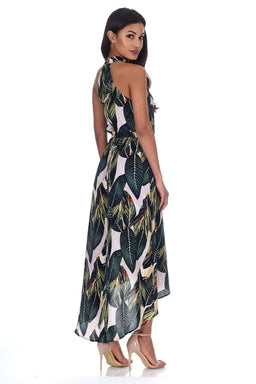 Leaf Print Asymmetric Choker Neck Maxi Dress