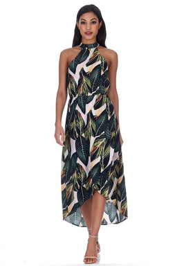 Leaf Print Asymmetric Choker Neck Maxi Dress